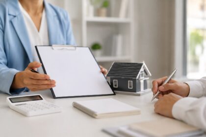 Realitná maklérka konzultuje kúpu domu s klientom pri modeli rodinného domu